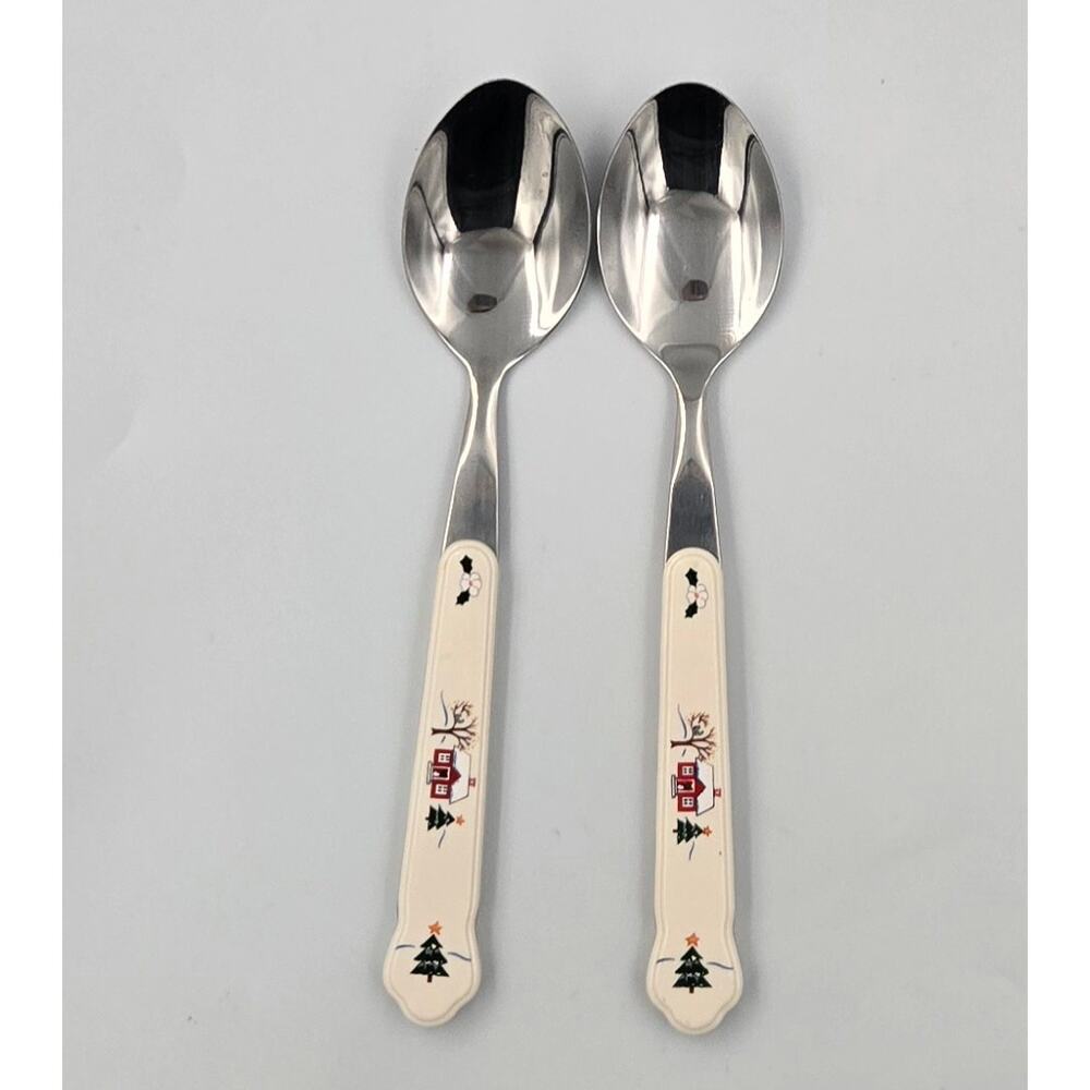 Two Pfaltzgraff Snow Village Stainless Steel Dinner Spoons Replacements
